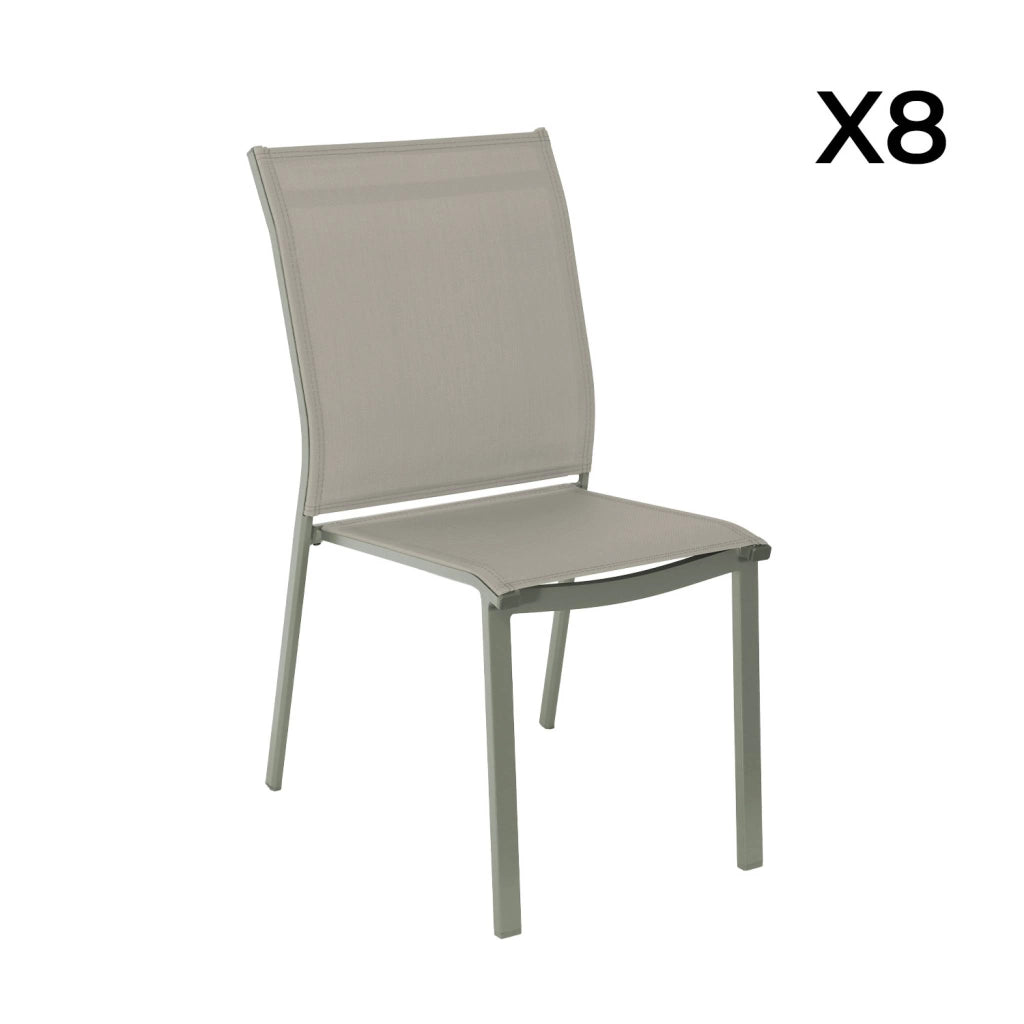 Set tavolo da giardino in legno di hevea e alluminio con 8 sedie,