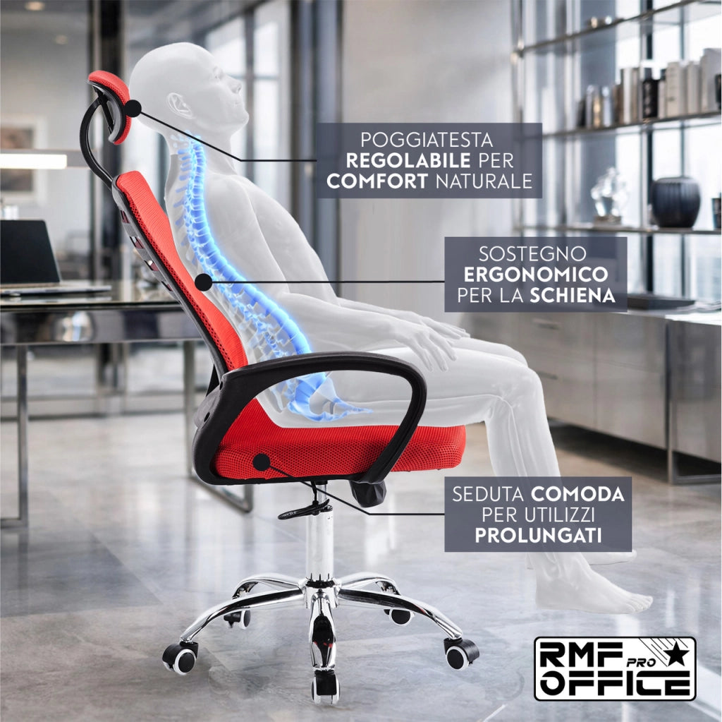 RMF Sedia Ufficio Ergonomica Professionale Reclinabile, Sedia Scrivania in Rete con Seduta Comoda e Rilassante - Poltrona Relax Ufficio con Ruote Girevoli Altezza Regolabile ROSSA
