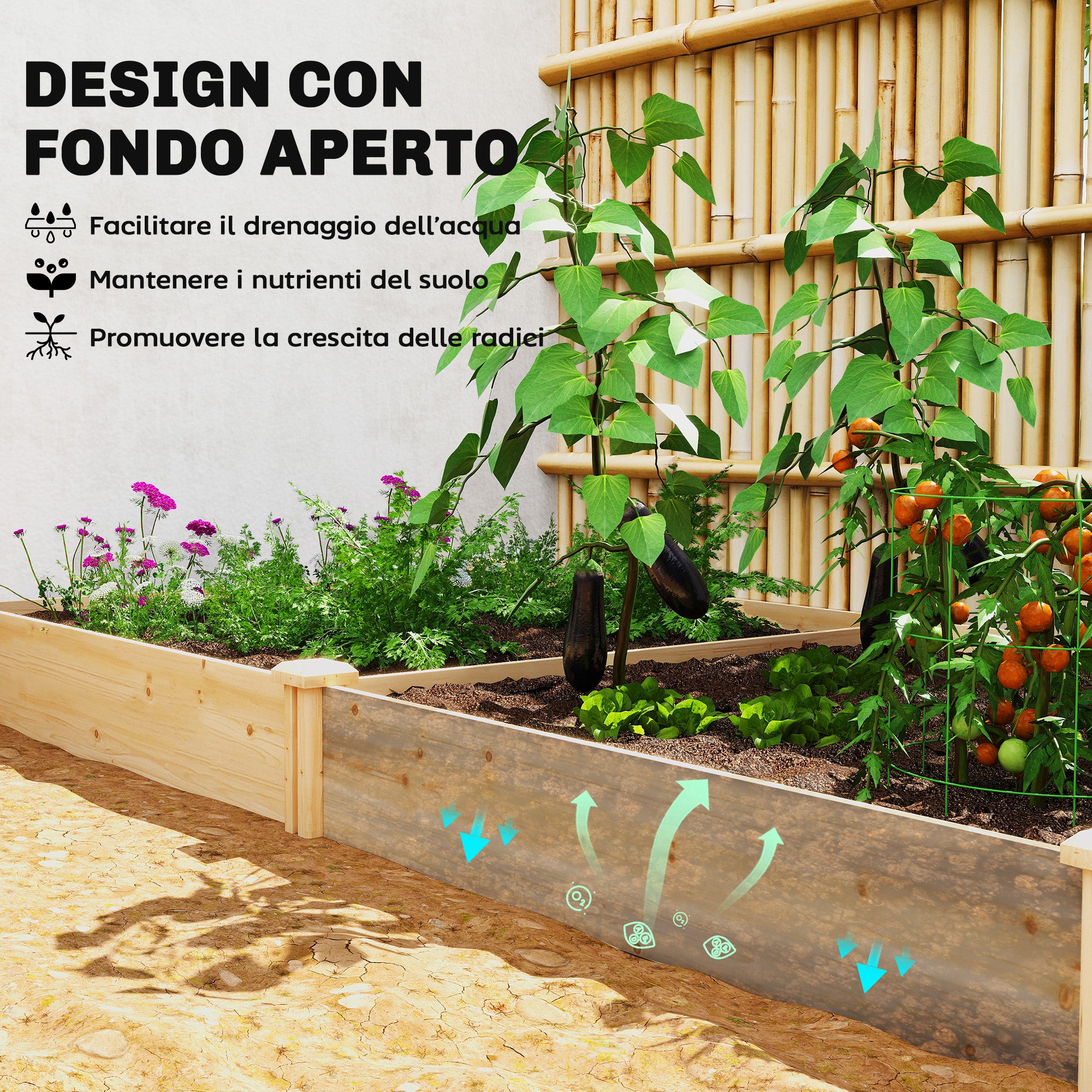 Orto in Cassetta 235x121x26 cm con Divisorio Centrale e Fondo Aperto in Legno di Abete