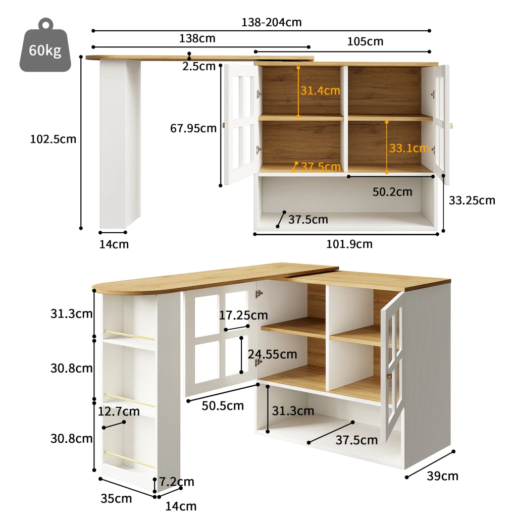 Mobile Bar con 2 Ante in Vetro; 5 Ripiani; Estensibile e Girevole a 360°; per Cucina Soggiorno; MDF; 138-204 x 39 x 102;5 cm; Bianco