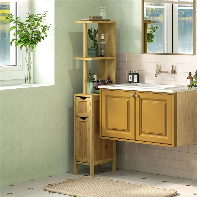 COLONNA BAGNO CON RIPIANI APERTI E ARMADIETTI CON ANTE MAGNETICHE, 18X30X120 CM, COLORE LEGNO