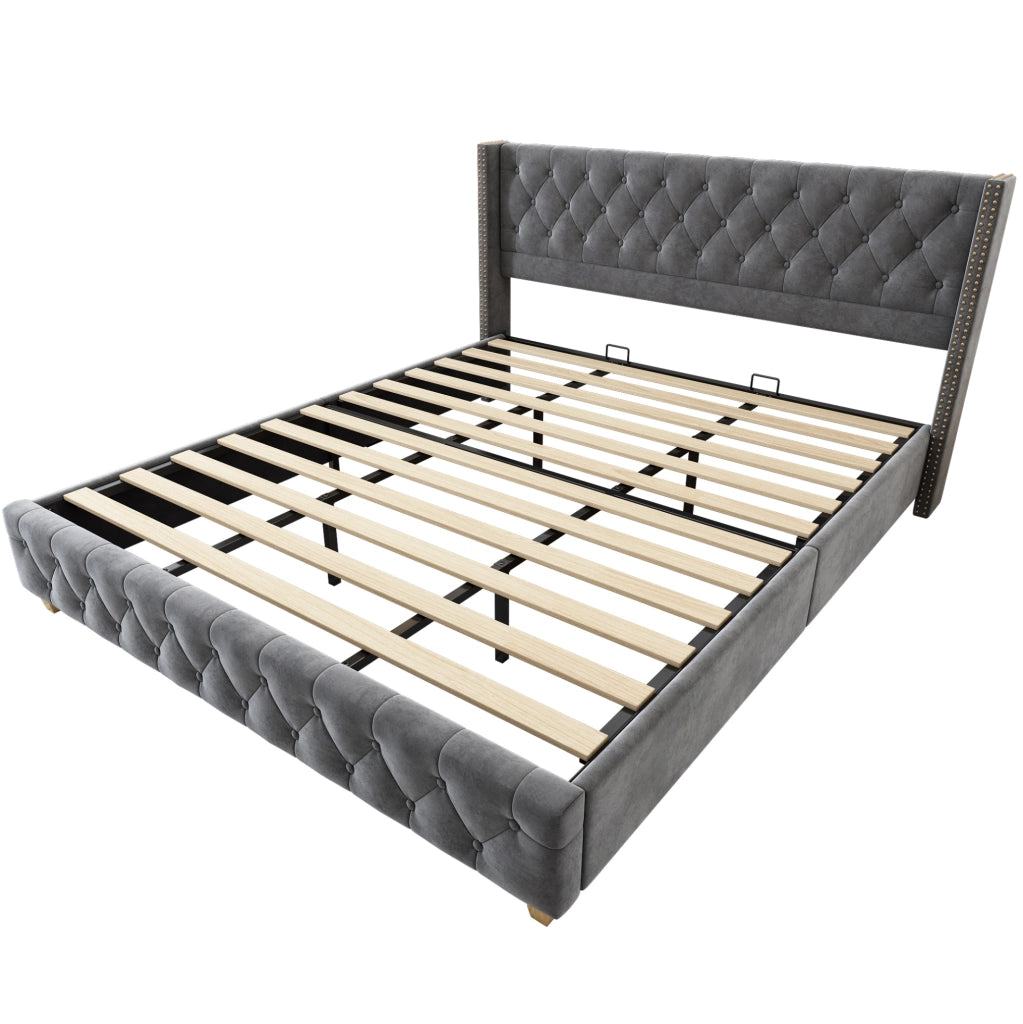 Letto matrimoniale imbottito 180x200 cm in velluto grigio; con testiera capitonné e rete a doghe