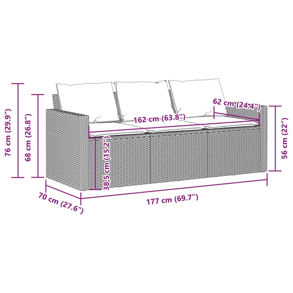 Divano da Giardino a 3 Posti con Cuscini in Polyrattan Marrone 366348