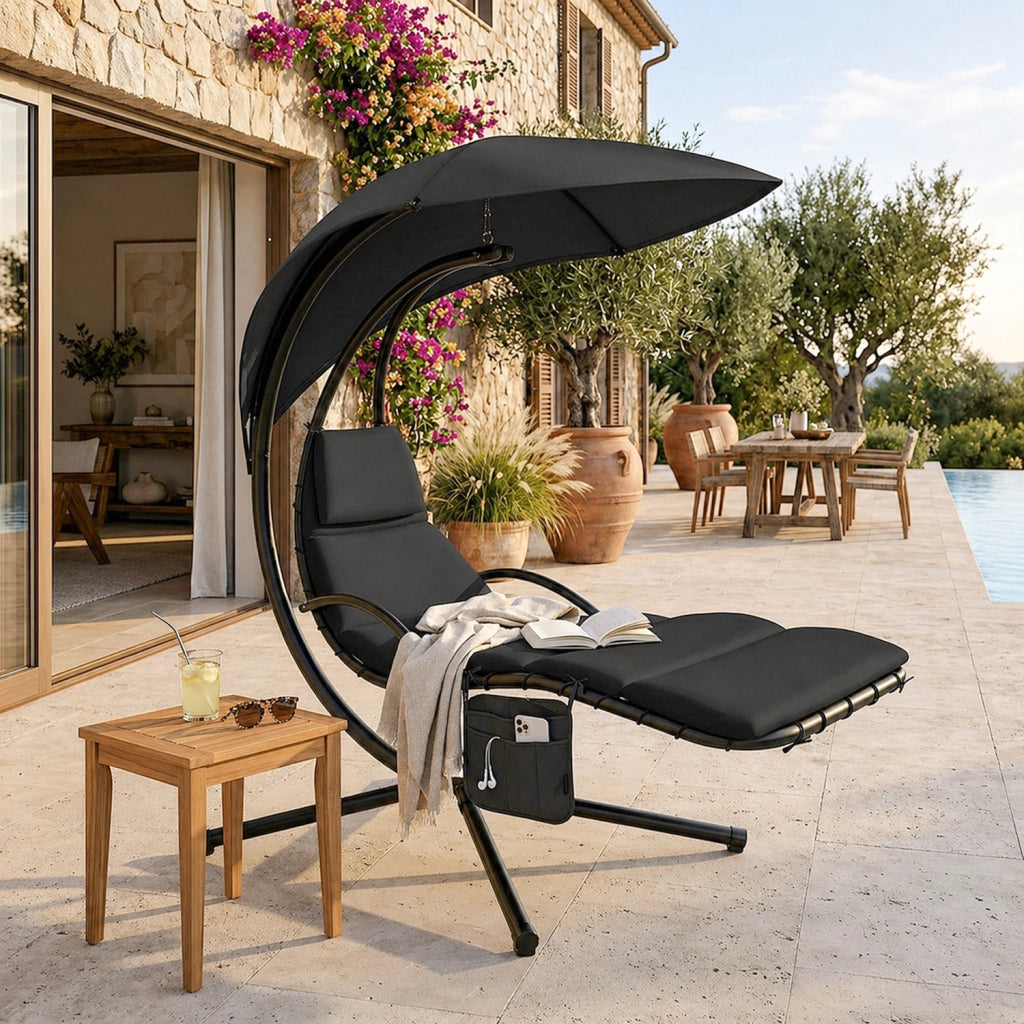 Sdraio Pensile Con Tettuccio Parasole Integrato E Cuscino Ergonomico Amaca Da Giardino In Acciaio E Poliestere 195 x 132 x 197 Cm Nero