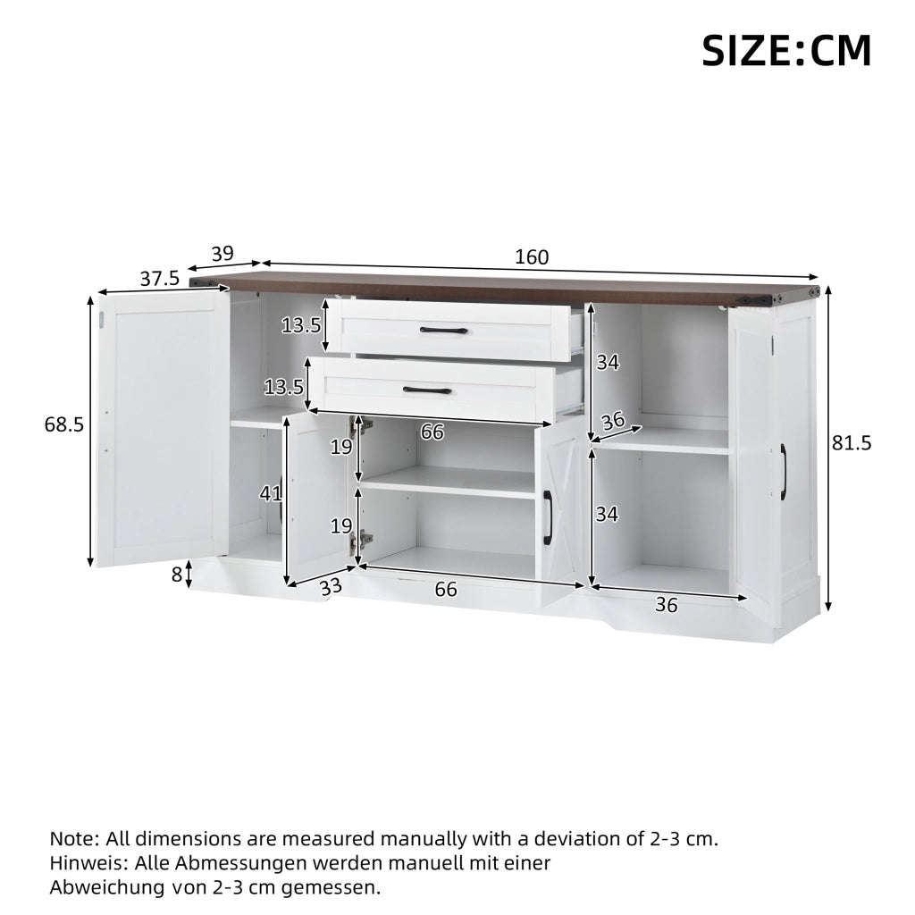 Credenza da sala da pranzo, 4 ante, 2 cassetti, mobile da salotto, mobile contenitore, finitura effetto legno, bianco, 160 x 39 x 81.5 cm