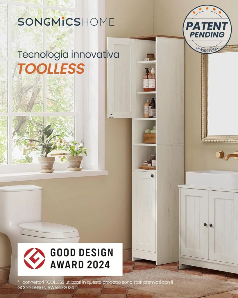 SONGMICS HOME Mobiletto da Bagno Stretto, Montaggio Rapido Senza Attrezzi Toolless, Mobile Compatto con Ripiani Regolabili per Soggiorno, Ingresso, 30 x 30 x 170 cm, Bianco Vintage BBC667WJ01