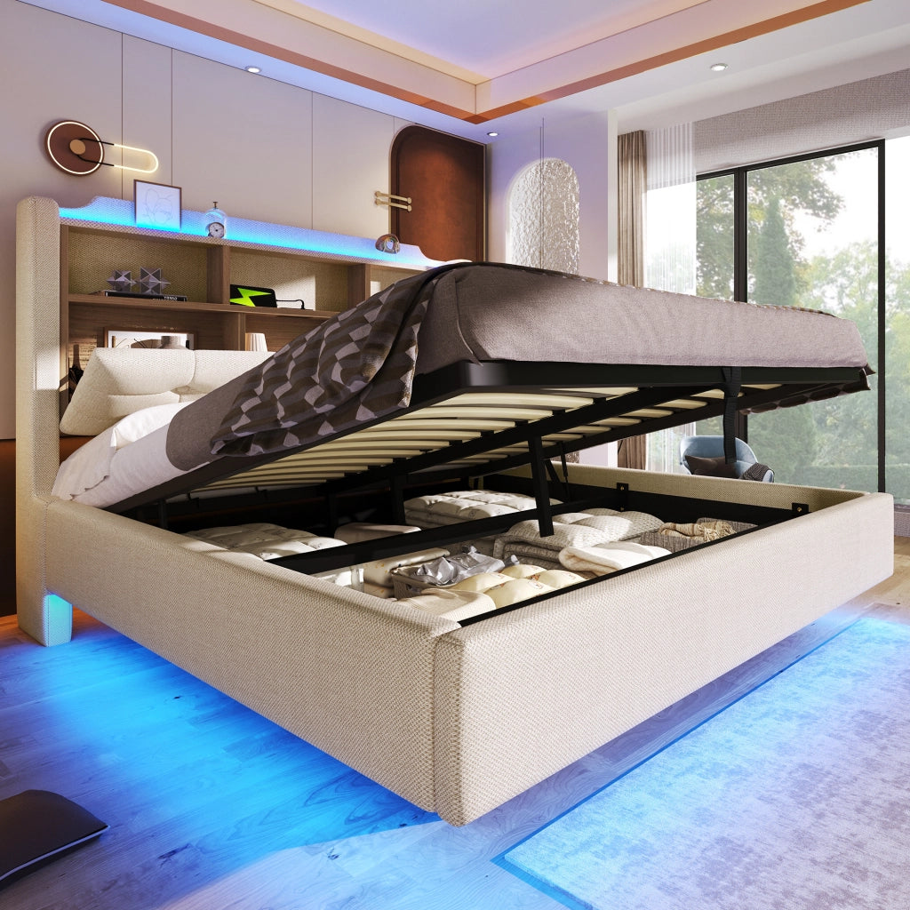 OKWISH Letto Contenitore 140×200 cm, Letto Matrimoniale con LED Regolabile, USB, Tipo C e Vano Idraulico, senza Materasso, in Lino Beige