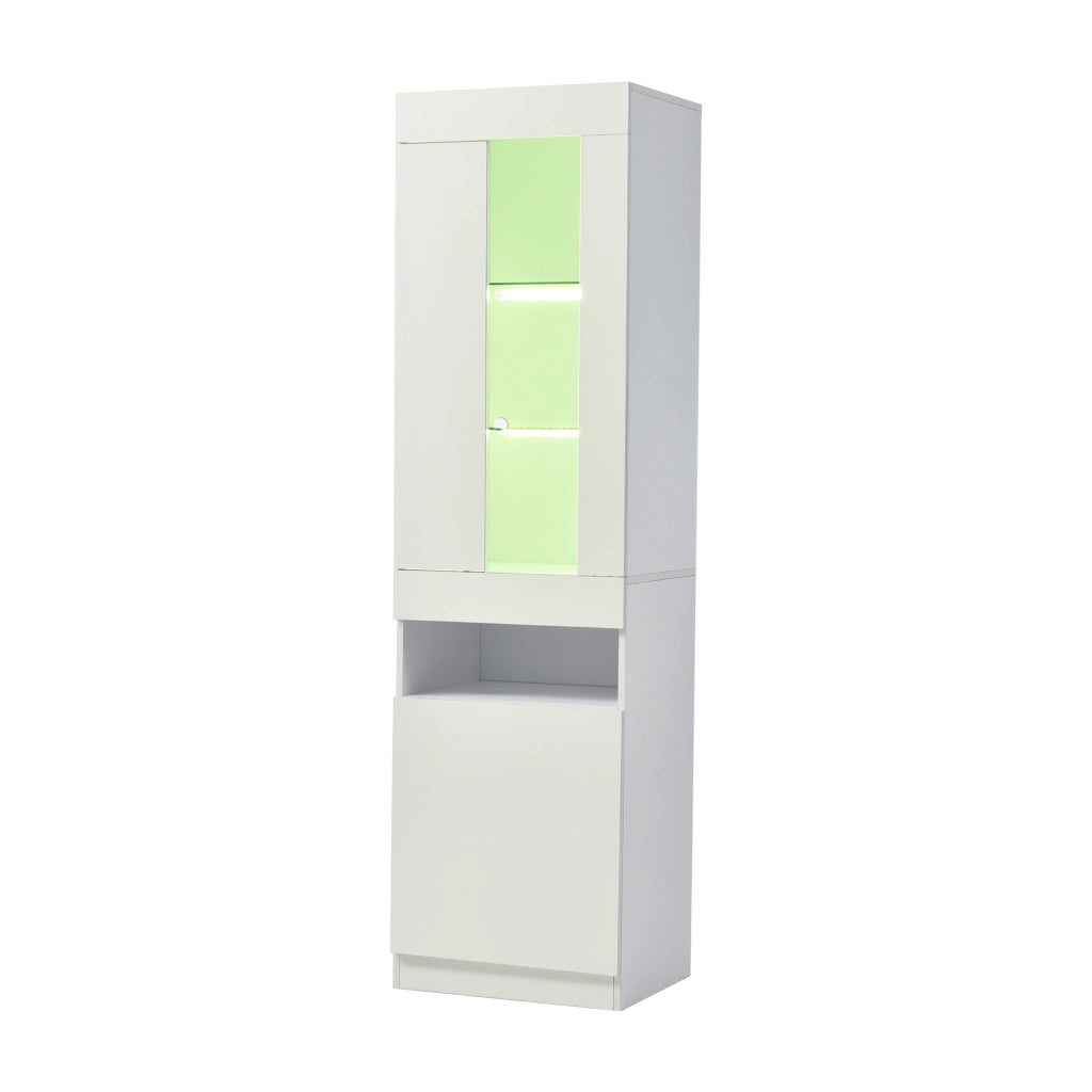 Credenza alta con ripiani in vetro LED USB e ante per soggiorno e ufficio in truciolato bianco 50 × 40 × 180 cm