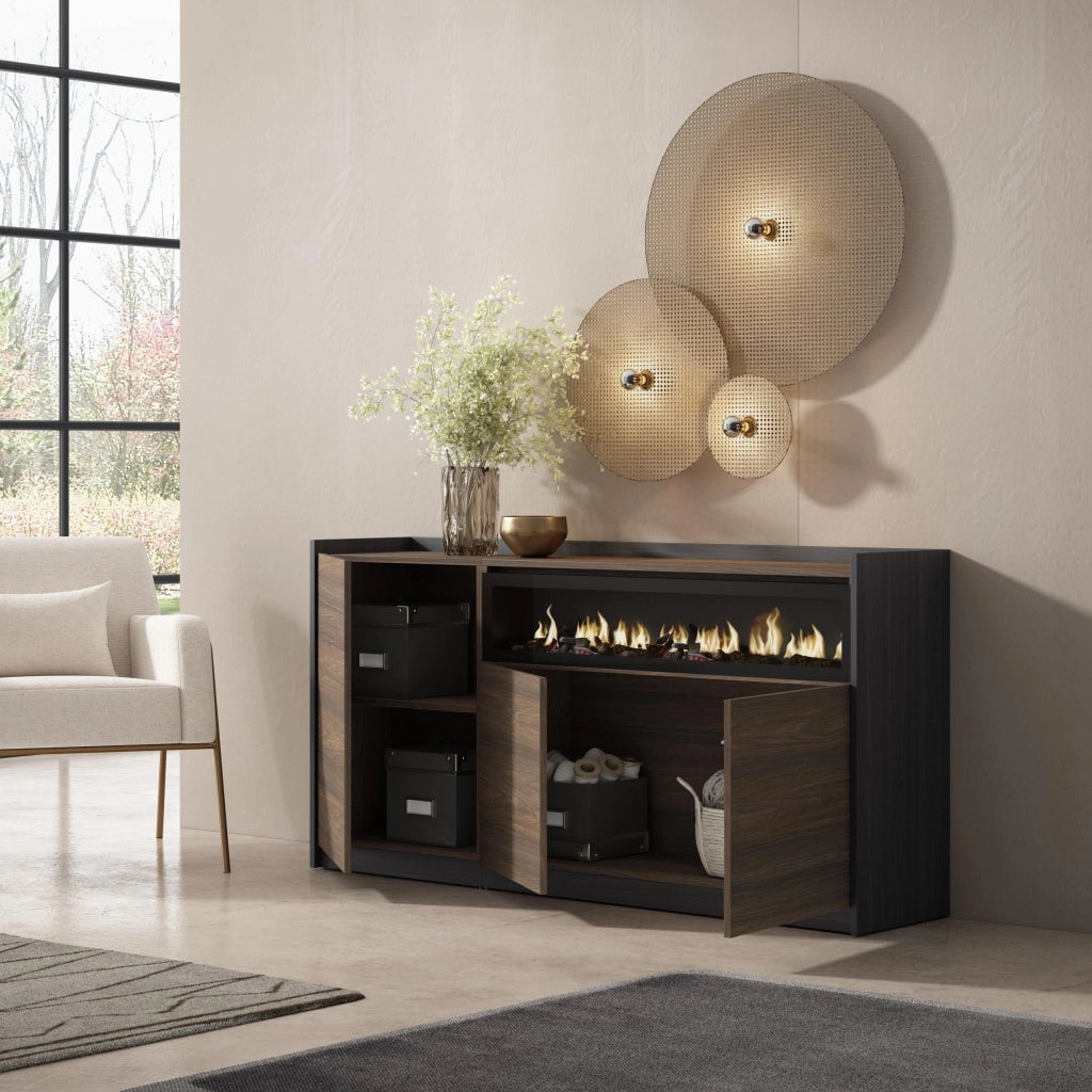 Credenza, Mobile, Cucina, 156x80x37 cm, 3 Porte, Camino elettrico, Rovere scuro e Nero
