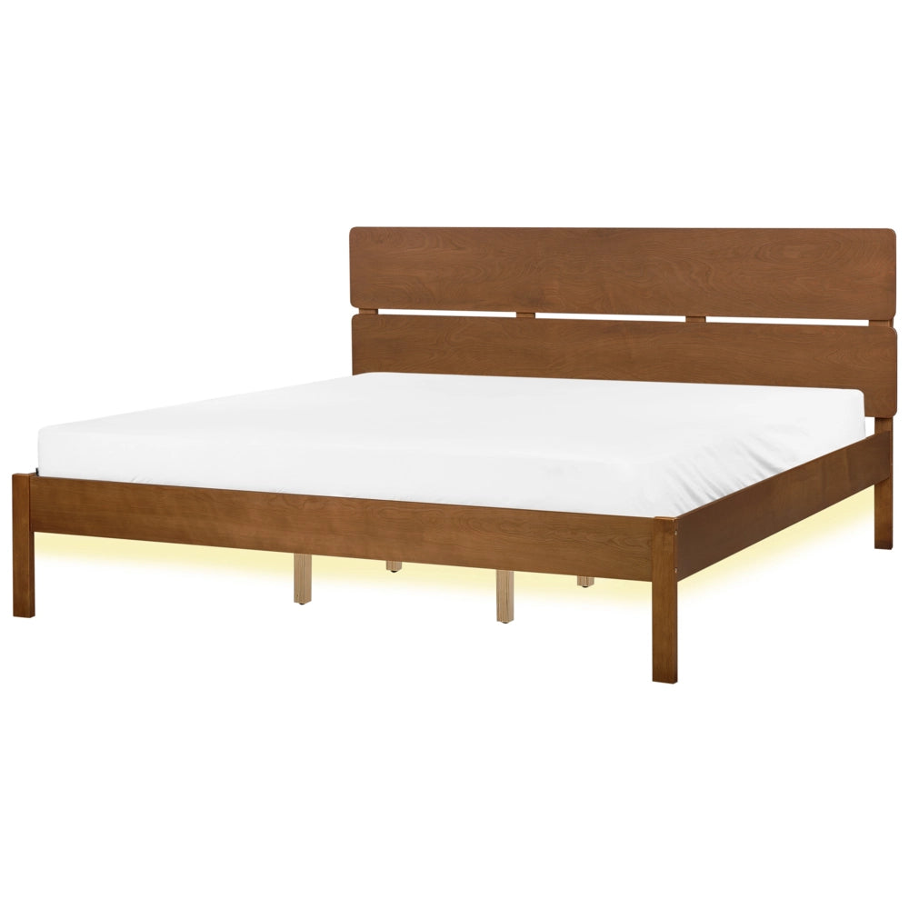 Letto in marrone scuro UE matrimoniale 180 x 200 cm con testiera a doghe Stile rustico minimalista con LED
