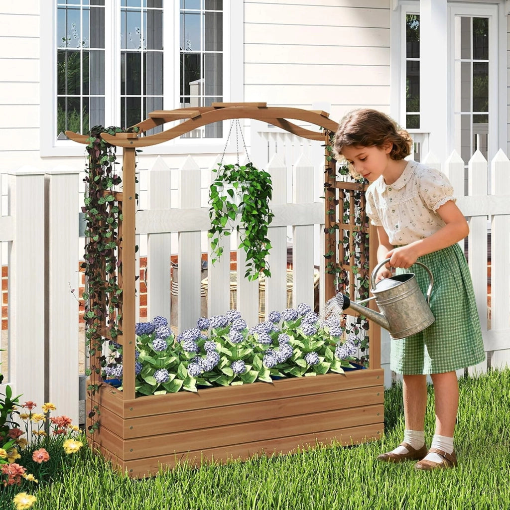 Letto da Giardino Rialzato, Fioriera in Legno con Tetto Sospeso, 2 Tralicci Laterali, Contenitore Inferiore, per Fiori, Verdure e Piante Rampicanti, Aiuola Elevata per Giardino e Terrazzo
