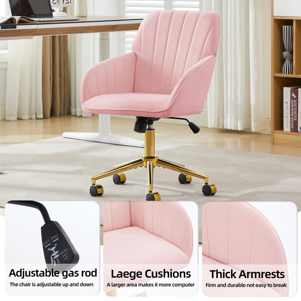 Sedia da ufficio girevole con altezza regolabile, schienale ergonomico e ruote a 360° per casa e studio, in velluto rosa