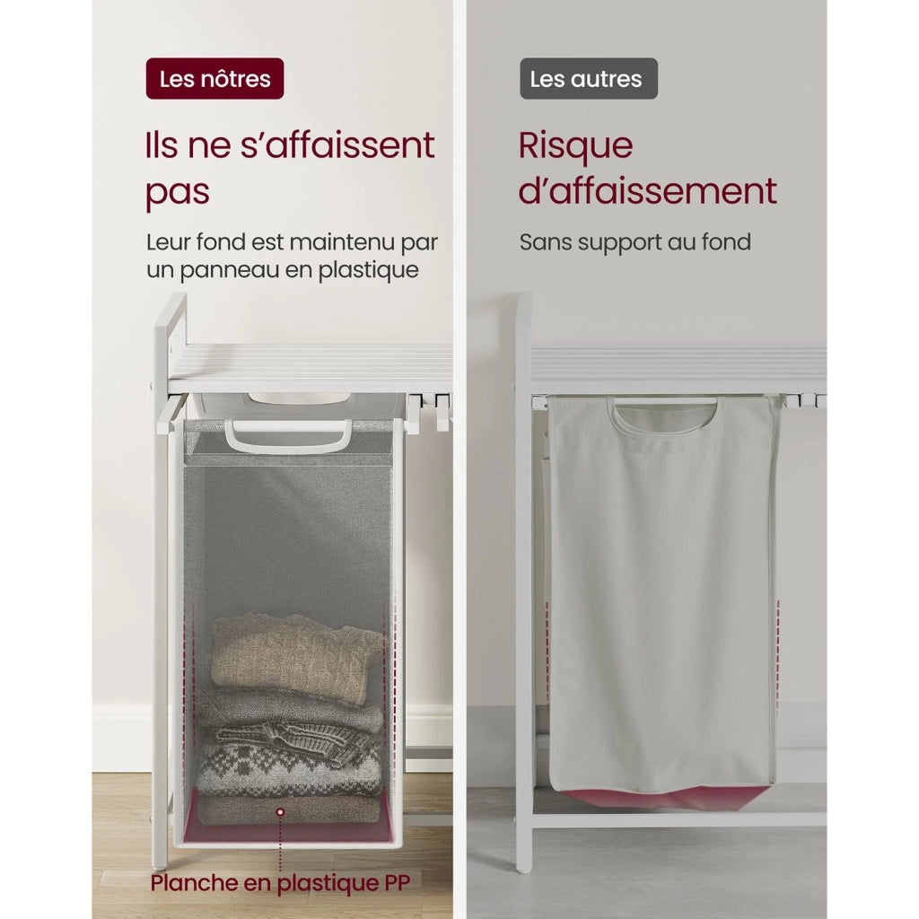 Cesto portabiancheria con 3 scomparti e 1 ripiano portaoggetti 73 x 33 x 72 cm sacchetti estraibili per bagno/lavanderia bianco 12_0006763