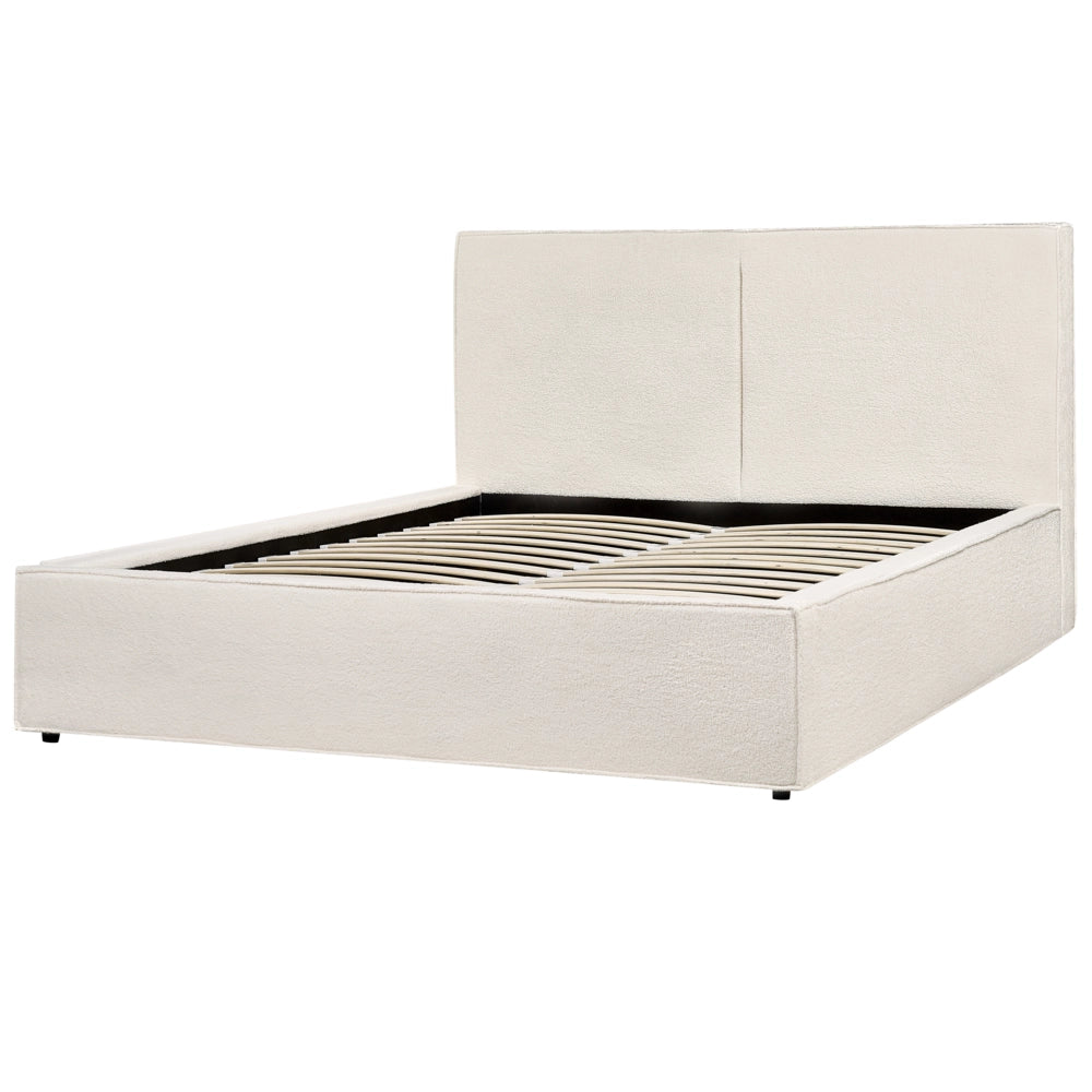 Letto king size 160 x 200 cm Bianco Sporco Rivestimento in bouclé Ottomana di contenitore Telaio a doghe Camera da letto moderna contemporanea