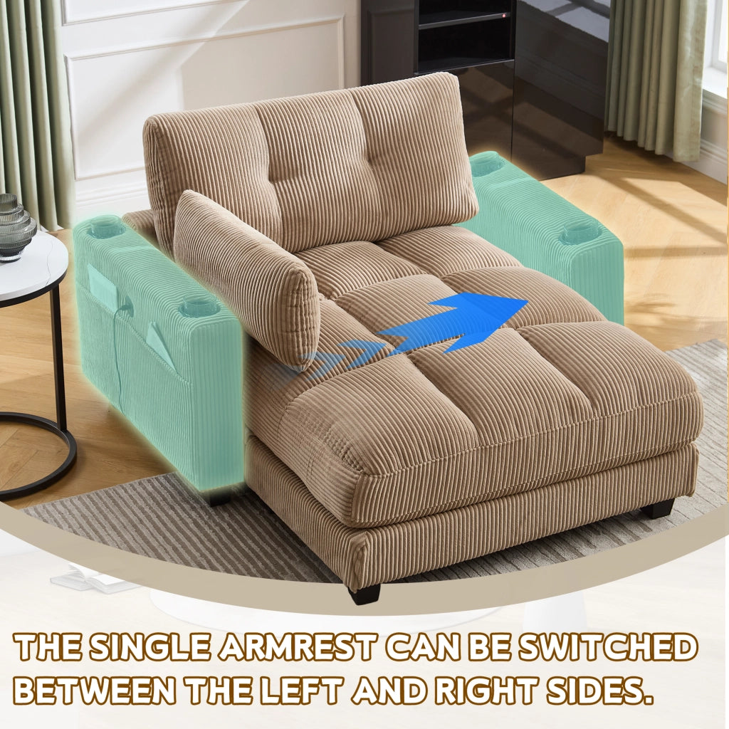 Poltrona Chaise Longue con Poggiatesta Regolabile, USB, 3 Portabicchieri e Tasca Laterale, in Velluto a Coste Cachi 140 × 112 × 81 cm