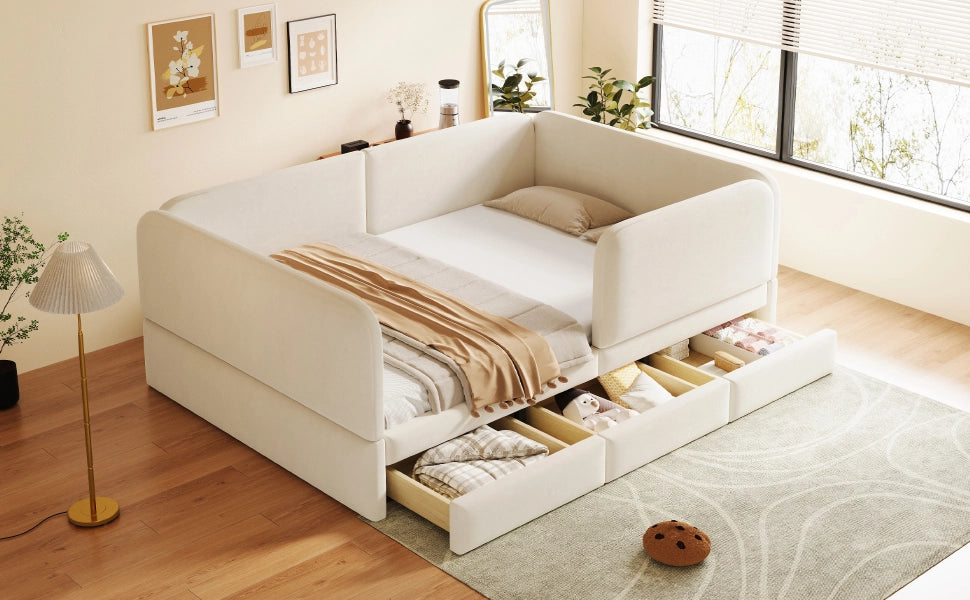 Letto per bambini imbottito 140x200 cm in velluto con sponde di sicurezza, cassetti contenitore, beige