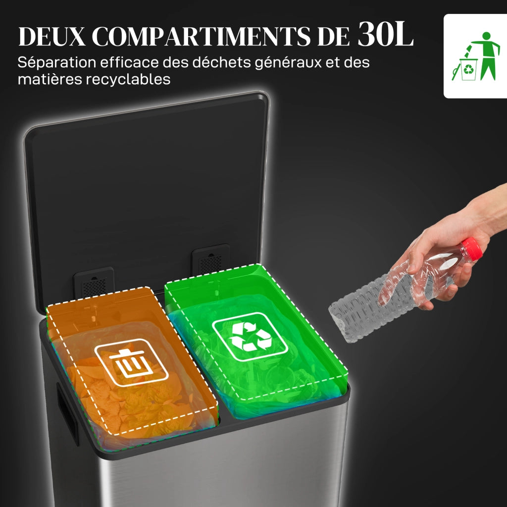 Bidone 2 Compartimenti 60L con Pedale ¨C Zephmum ¨C Acciaio Inossidabile 43x35x75cm