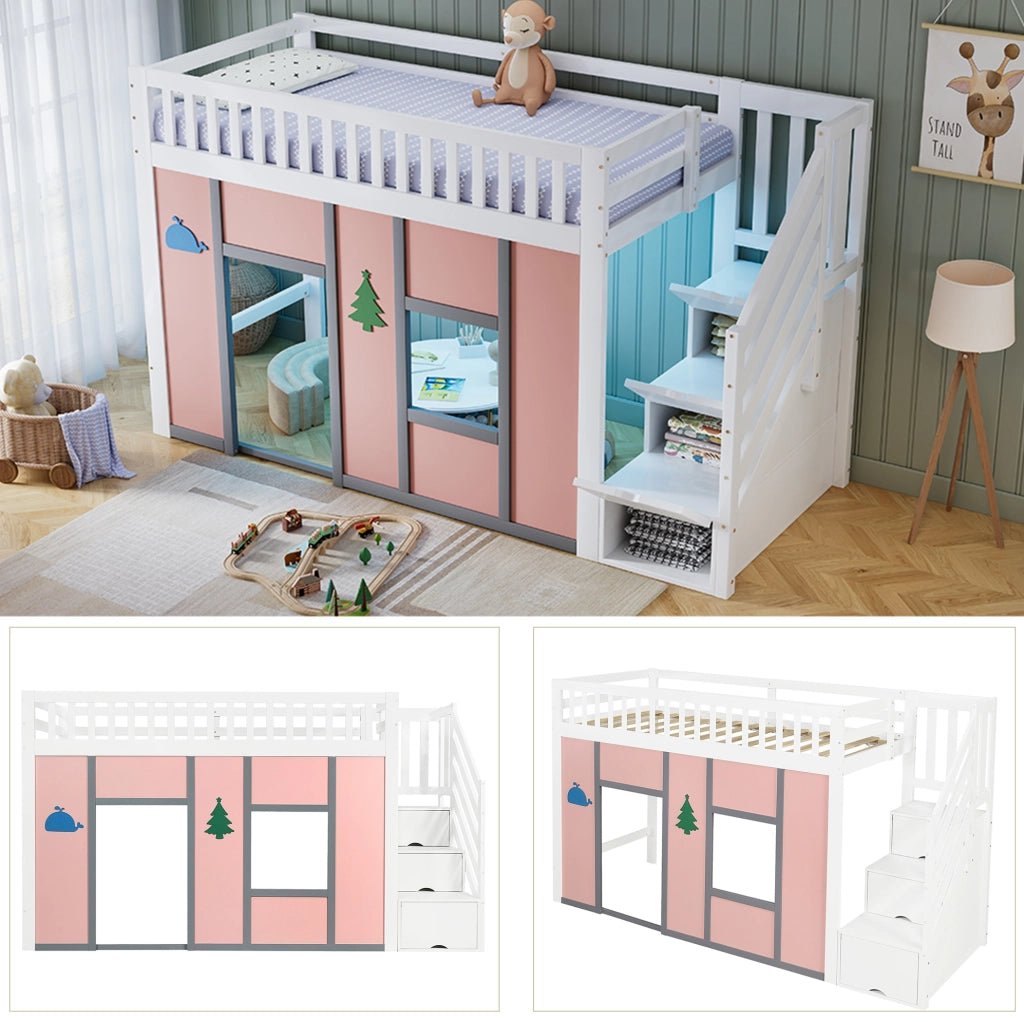 Letto a soppalco per bambini 90x200 cm bianco e rosa con scala contenitore e LED