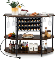 Credenza con portabottiglie per 21 bottiglie, tavolino da cucina sottile con 2 porte USB e 2 prese, portabottiglie a 3 livelli con supporto in vetro, tavolo industriale per vino, 120 x 40 x 92