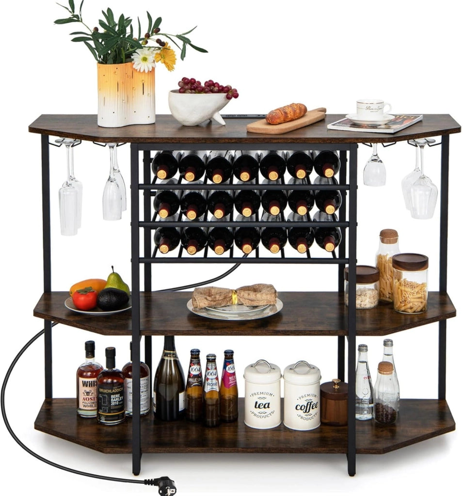 Credenza con portabottiglie per 21 bottiglie, tavolino da cucina sottile con 2 porte USB e 2 prese, portabottiglie a 3 livelli con supporto in vetro, tavolo industriale per vino, 120 x 40 x 92