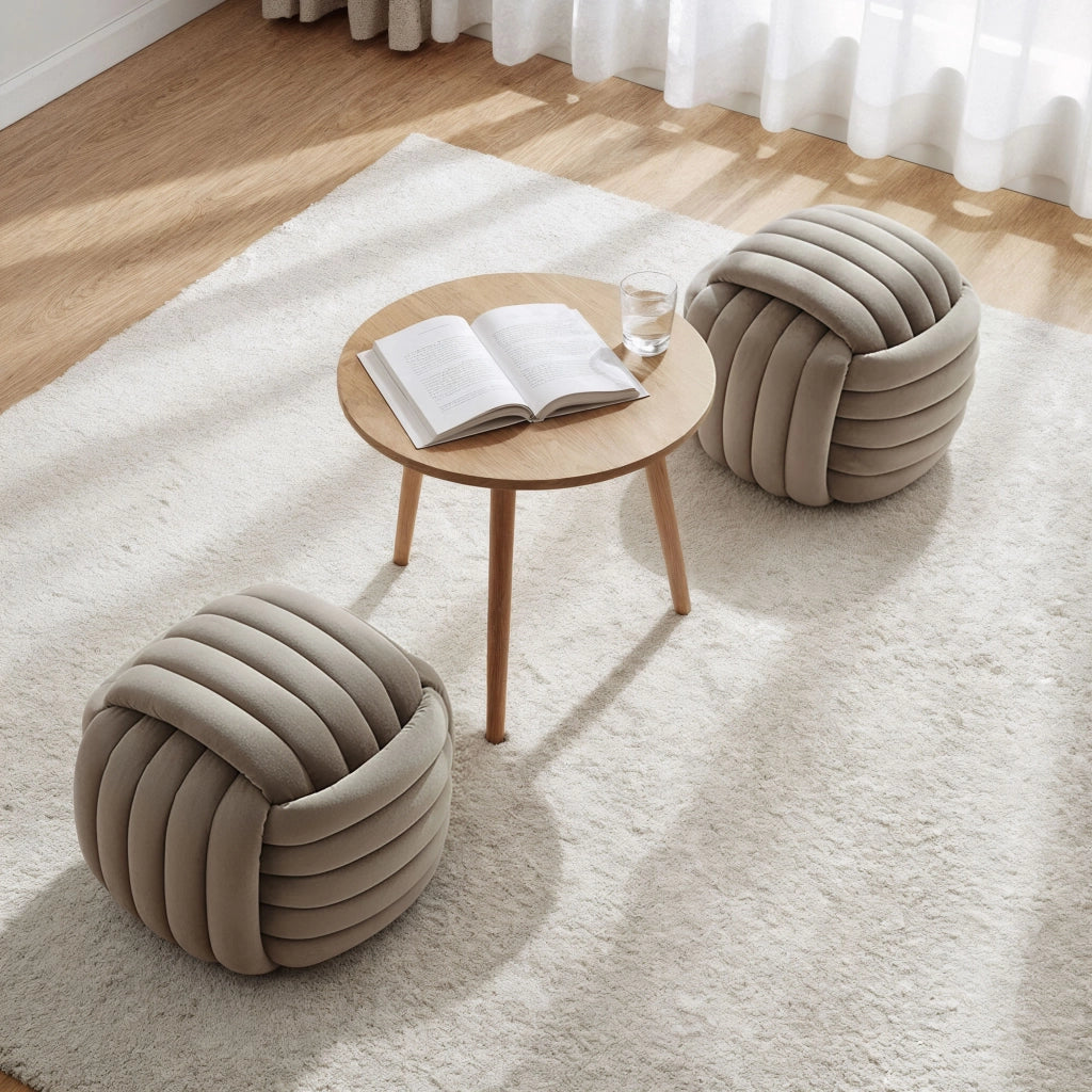 Pouf annodato in velluto 53 cm NILO Beige Polvere