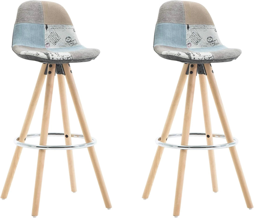 Sgabelli Bar Set di 2, Sedia Alta con Schienale e Poggiapiedi per Isola Cucina, Pub, Sala da Pranzo, in Gambe Legno, Lino, Patchwork