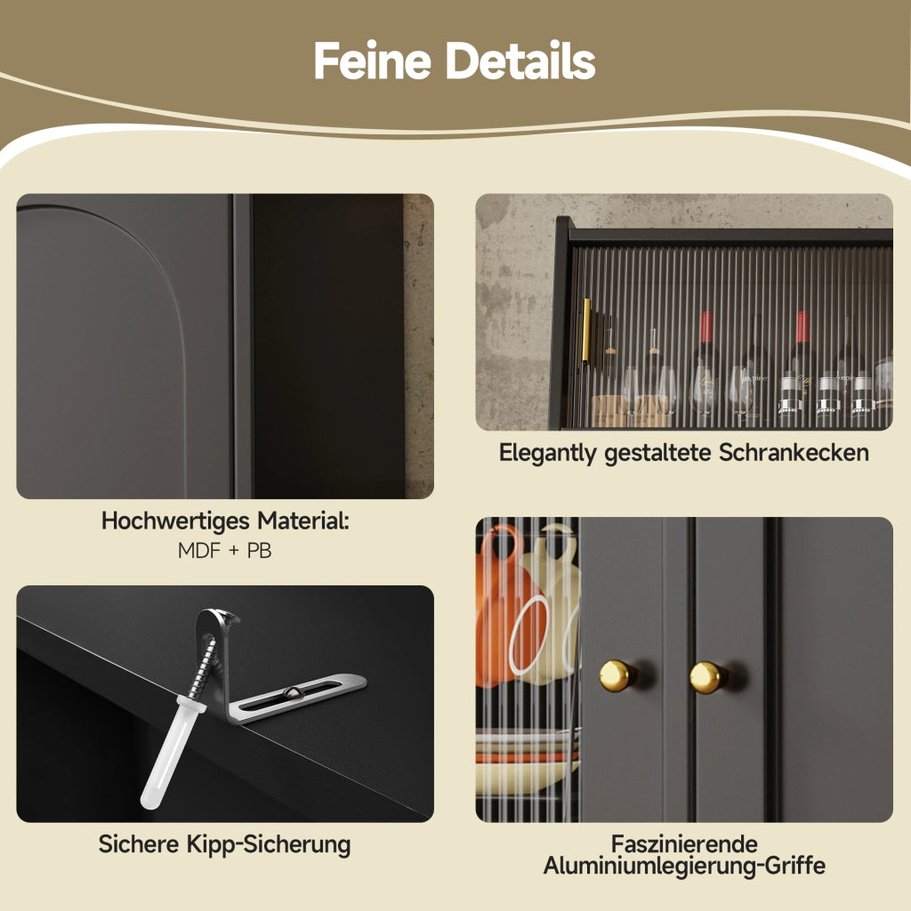 Credenza Alta da Cucina con 2 Cassetti; Ripiani Regolabili e LED; per Cucina e Sala da Pranzo; in MDF; 120 x 40 x 180 cm; Nero