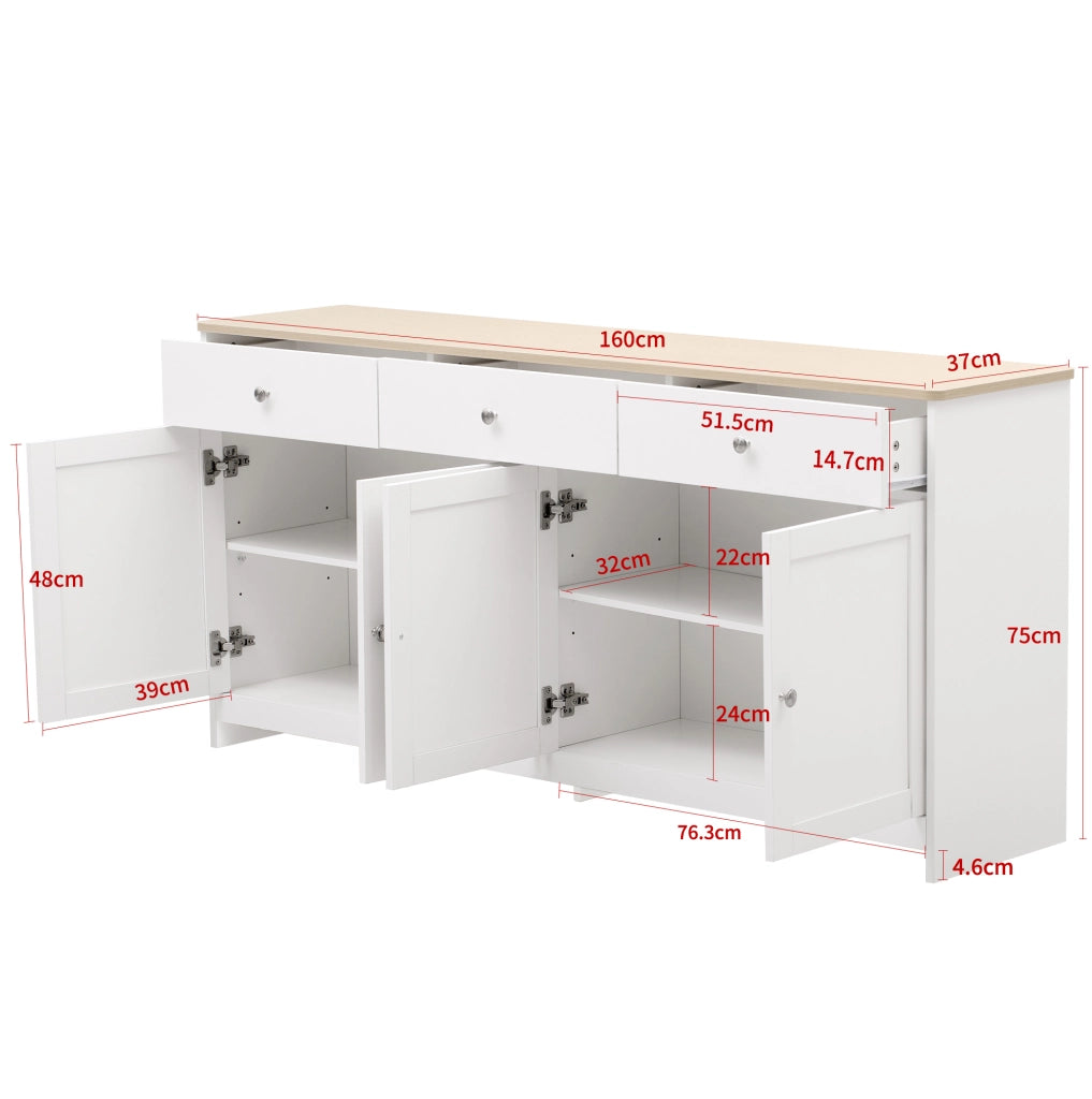 Credenza 160x37x75 cm bianca e color legno in MDF, 4 ante e 3 cassetti