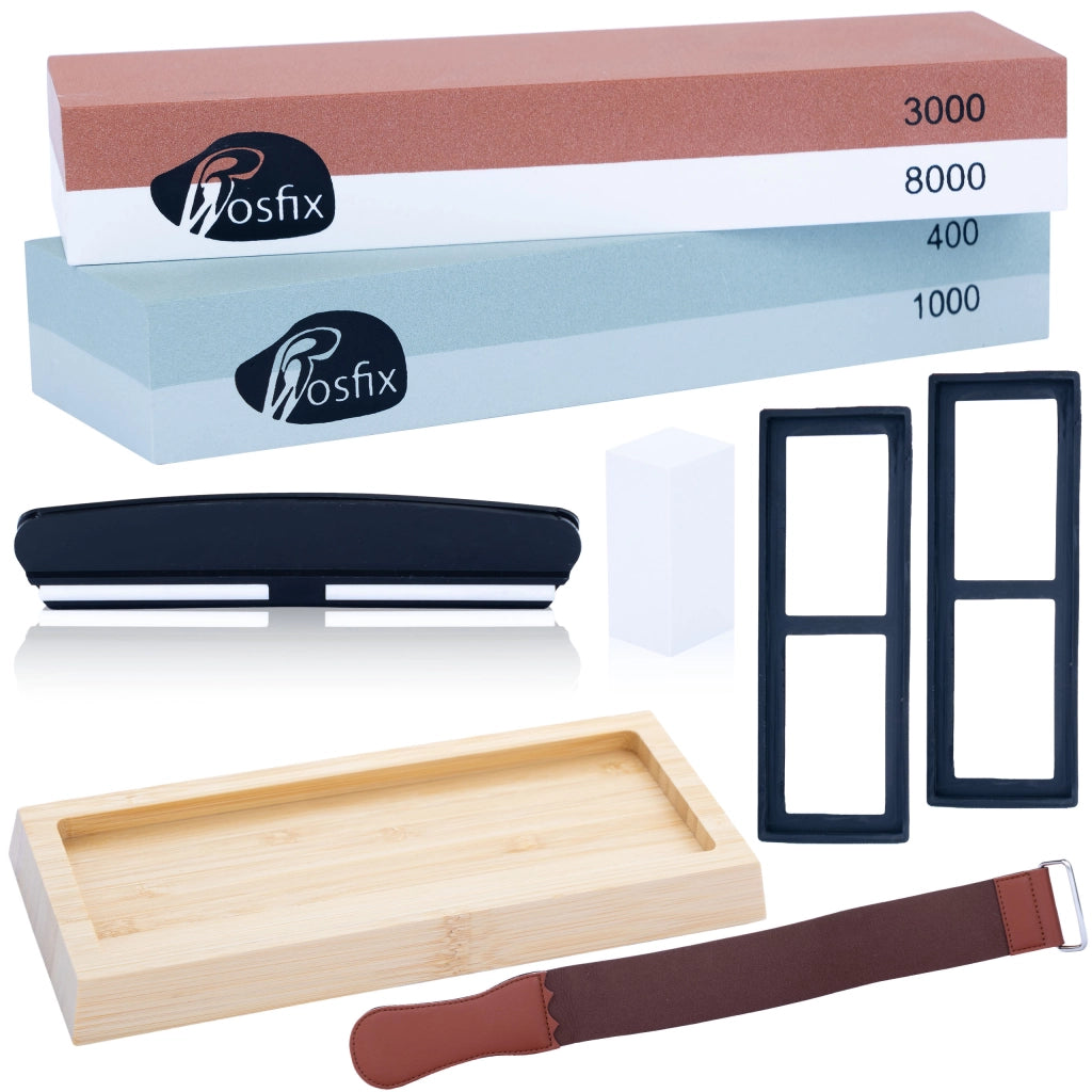 Set di Pietre per Affilare Rosfix – 400/1000/3000/8000 Grit | Base Antiscivolo, Guida Angolare, Supporto in Bambù