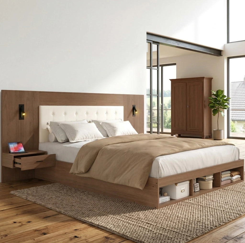Letto matrimoniale 180x200 cm con contenitore; USB e Type-C; luci di lettura; effetto noce