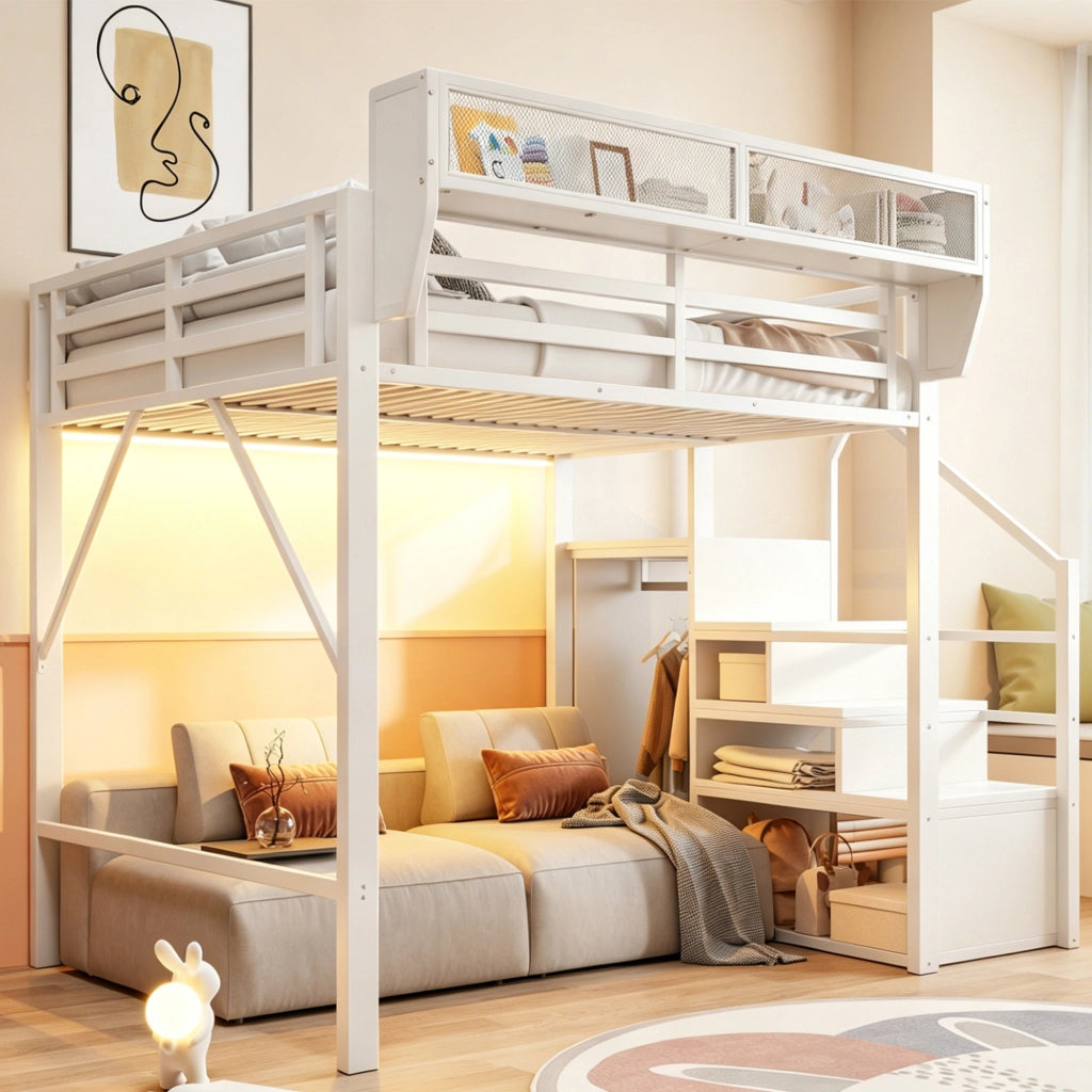 Letto a soppalco 140 × 200 cm con led, scaletta di sicurezza e ripiani, senza materasso, metallo bianco