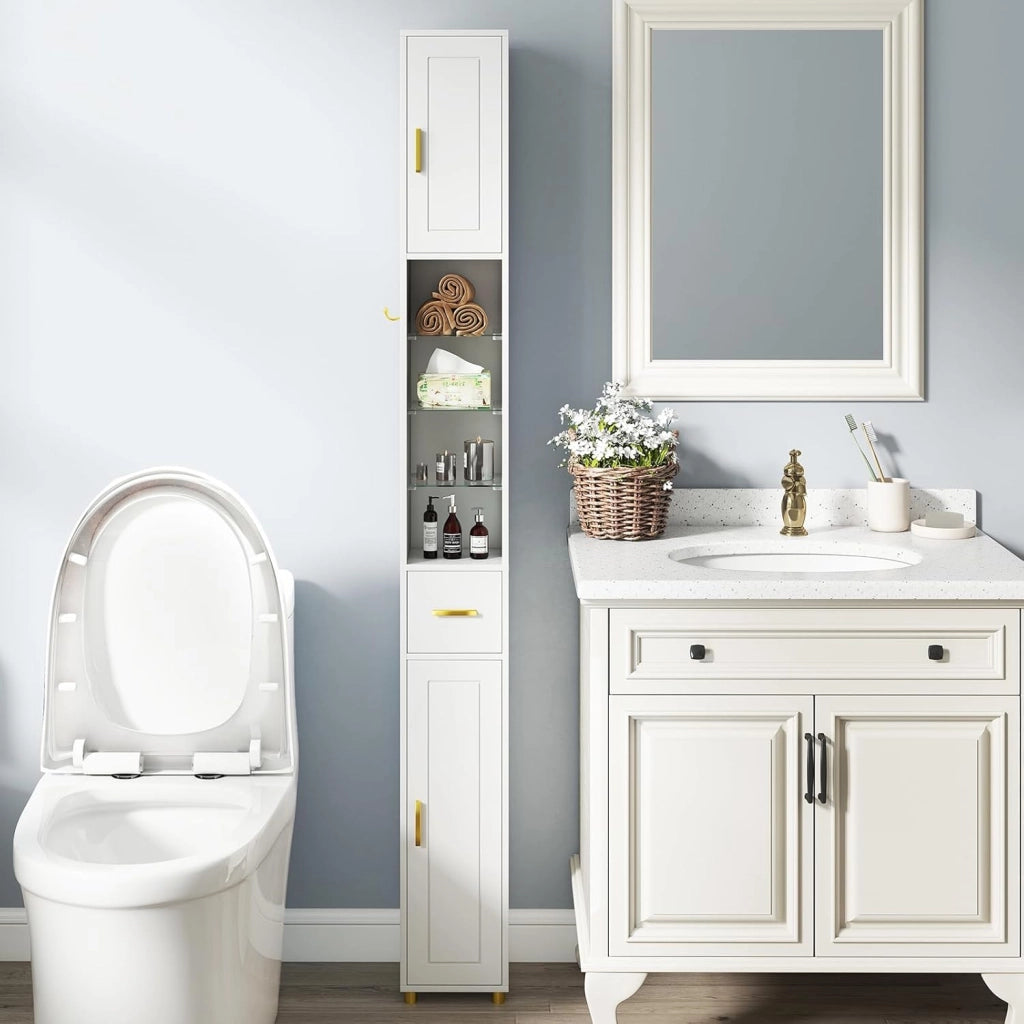 Mobile Bagno Salvaspazio con Luce, Colonna Bagno con Scomparti Aperti in Vetro, Ripiani Regolabili, 1 Cassetto e Gancio Laterale per Spazi Ridotti 20 x 20 x 181 cm (4 Ripiani con Luce, BIanco)