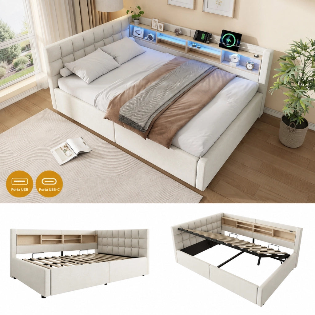 Letto singolo 90x200 cm contenitore con sollevamento idraulico e mensole; lino e MDF grigio