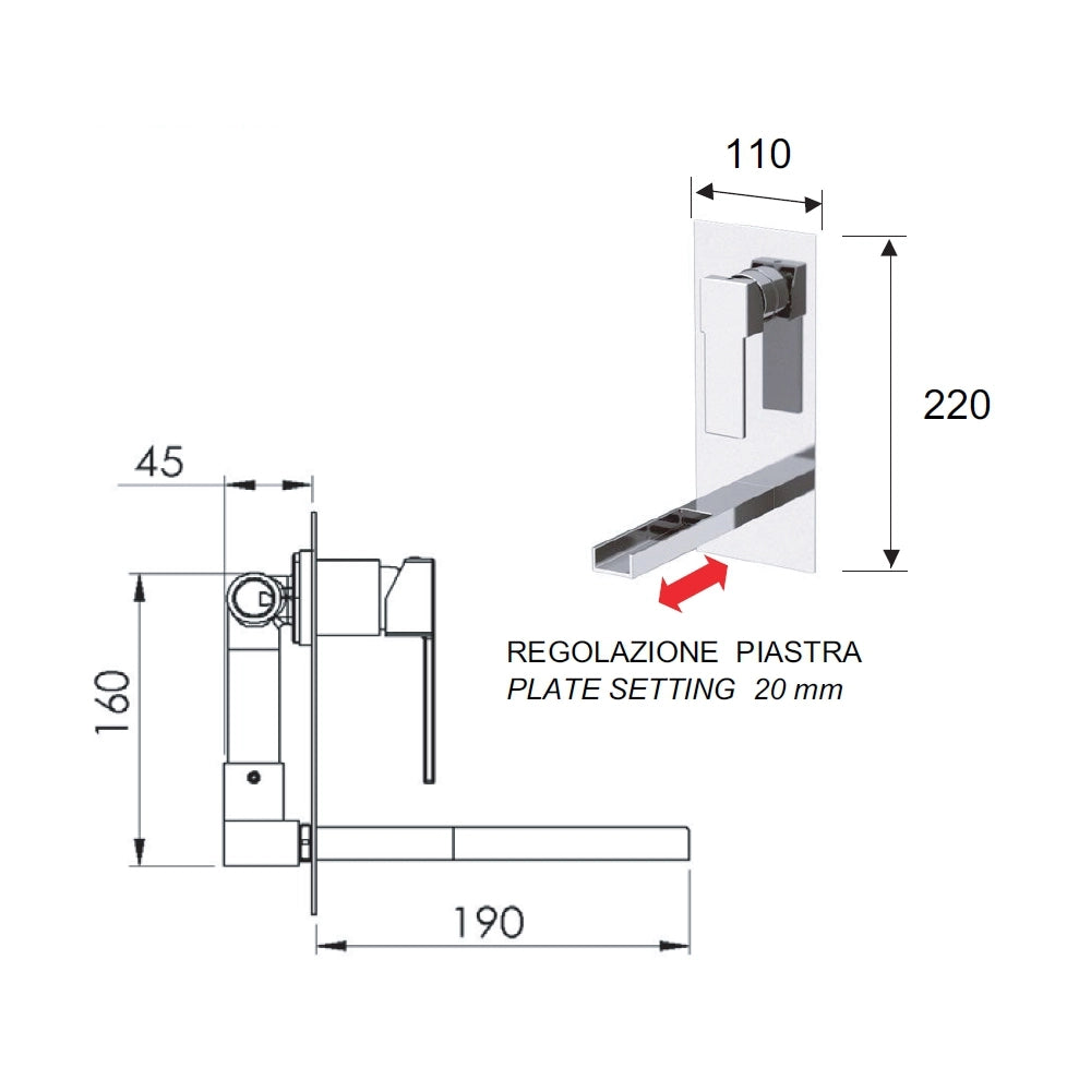Rubinetto ad incasso per lavabo con piastra cromata serie qubika cascata