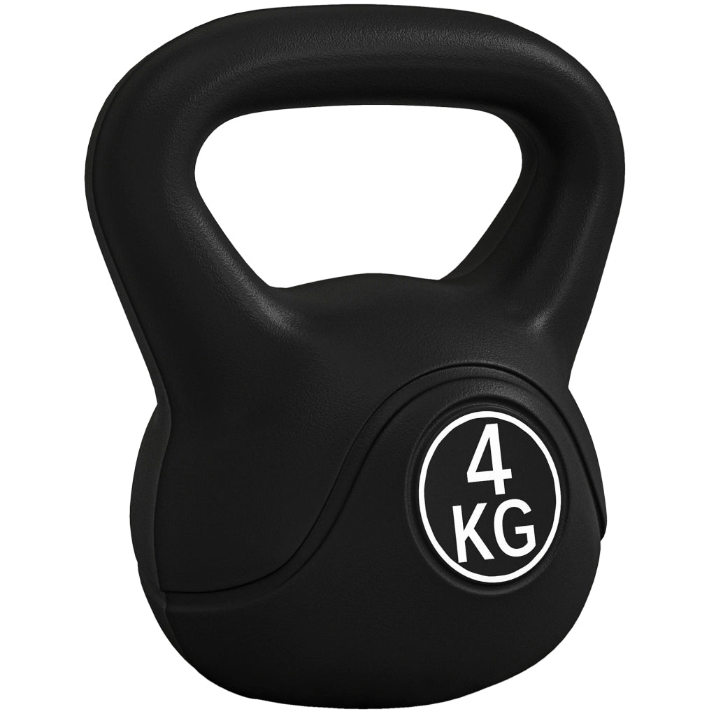Kettlebell 4kg in Plastica e Sabbia con Base Piatta, Manubrio Ergonomico per Allenamento a Casa, 18x12x20 cm, Nero