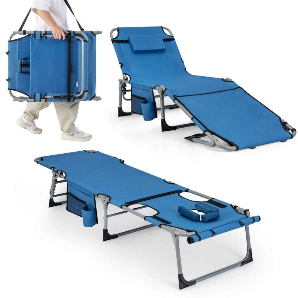 Sedia a sdraio pieghevole da esterno con 5 posizioni regolabili foro per viso, Lettino prendisole portatile Blu-Poltrone e sdraio