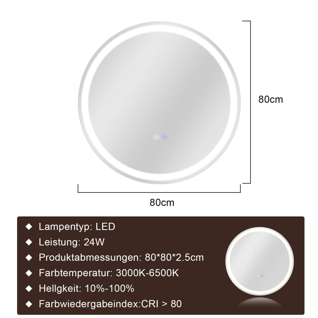 ZMH Specchio da bagno con funzione antiappannamento IP44 Rotondo Bianco Specchio da bagno variabile
