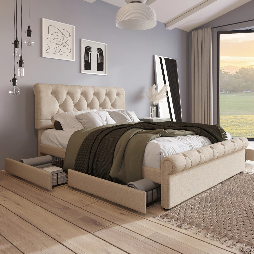 Letto matrimoniale imbottito 140x200 naturale con 4 cassetti e materasso