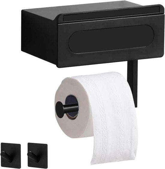Hanger per carta igienica autoadesivo nero con scatola per asciugamani umidi e pannelli - per bagno e cucina - senza perforazione (A)