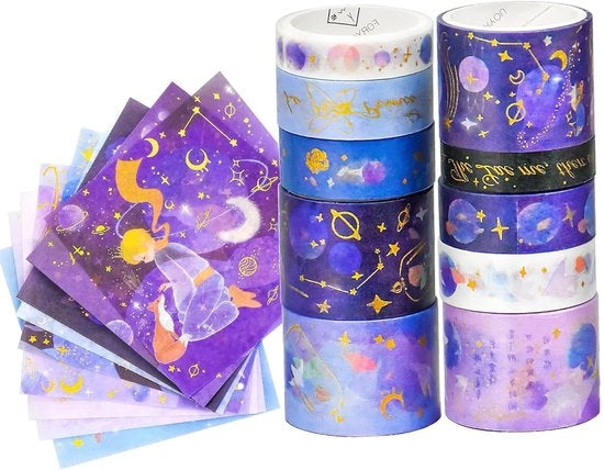 Set di carta adesiva washi con 10 rotoli e 10 fogli di adesivo per attività di hobby, scrapbooking e altro.