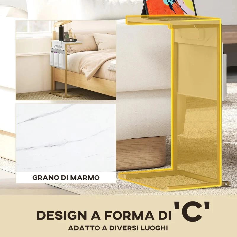 TAVOLINO DA SALOTTO A FORMA DI C EFFETTO MARMO CON PRESE DI CORRENTE E USB INTEGRATE, BIANCO