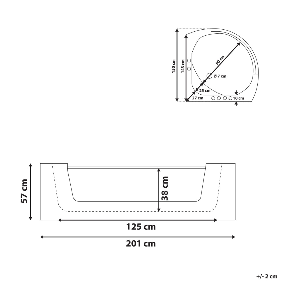 Vasca Idromassaggio Angolare Bianco Sanitario Acrilico con getti massaggianti LED 201 x 150 cm