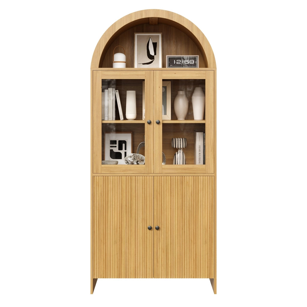 Credenza con 2 Ante in vetro e vano contenitore chiuso per Sala da Pranzo in pannelli di particelle 78×40×176 cm Naturale