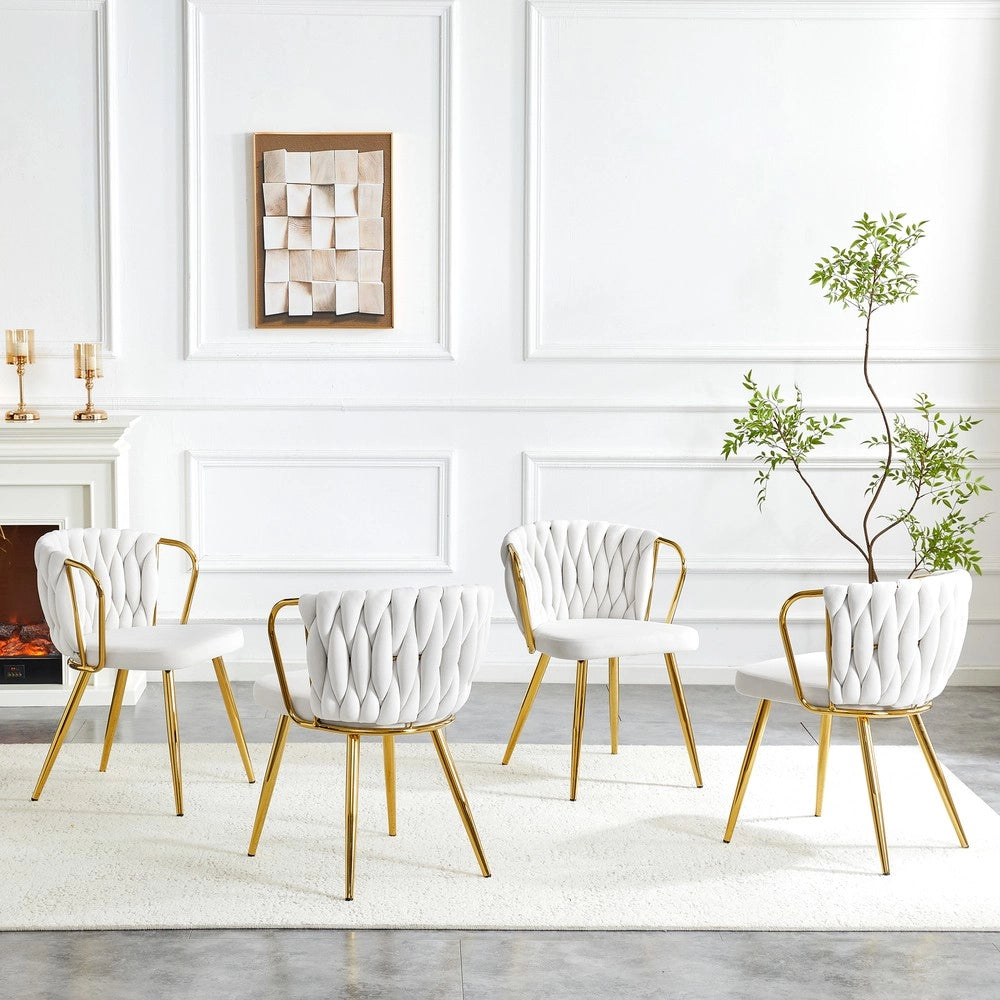 Sedia da Pranzo Imbottita con Schienale Intrecciato ¨C MINIMAL ¨C Velluto Crema, Gambe in Metallo Dorato