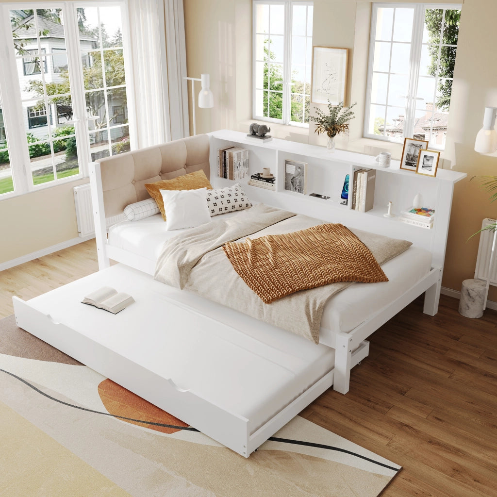 OKWISH Letto a Scomparsa 90×200 cm, Letto Singolo con Letto Estraibile, LED Regolabile, Ripiani e USB, senza Materasso, Legno, Bianco