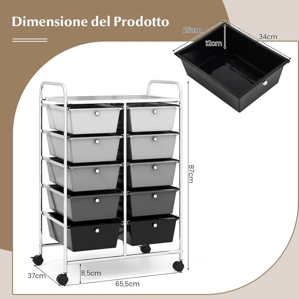 Carrello a 10 Cassetti con Ruote, Carrello di Stoccaggio con Stabilità Elevata, Carrello Multiuso per Casa Ufficio e Scuola, 65,5 x 37 x 87 cm (Sfumatura nera)