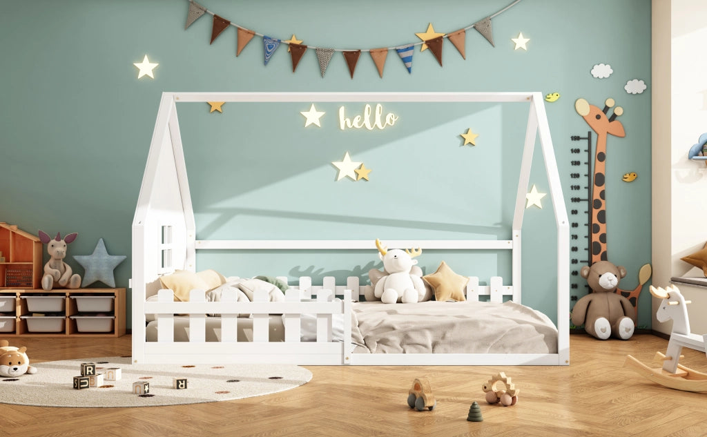 DESMIU Letto per bambini casetta 140 × 200 cm con sponda di sicurezza, senza materasso, in pino e MDF, bianco