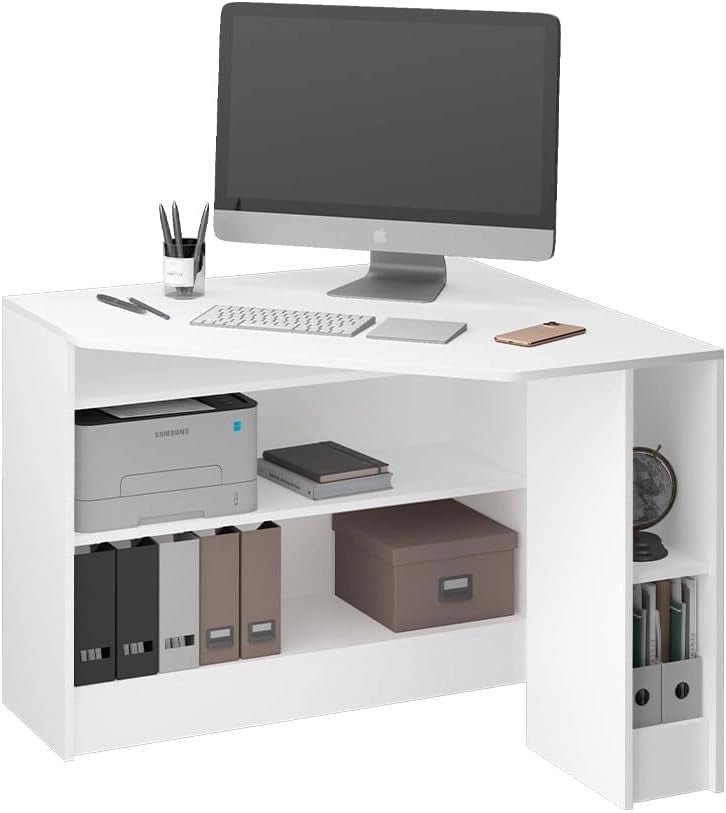 Scrivania angolare Alvaro, Bianco, 94 x 94 cm, con ripiani aperti per un utilizzo flessibile nell'area di lavoro
