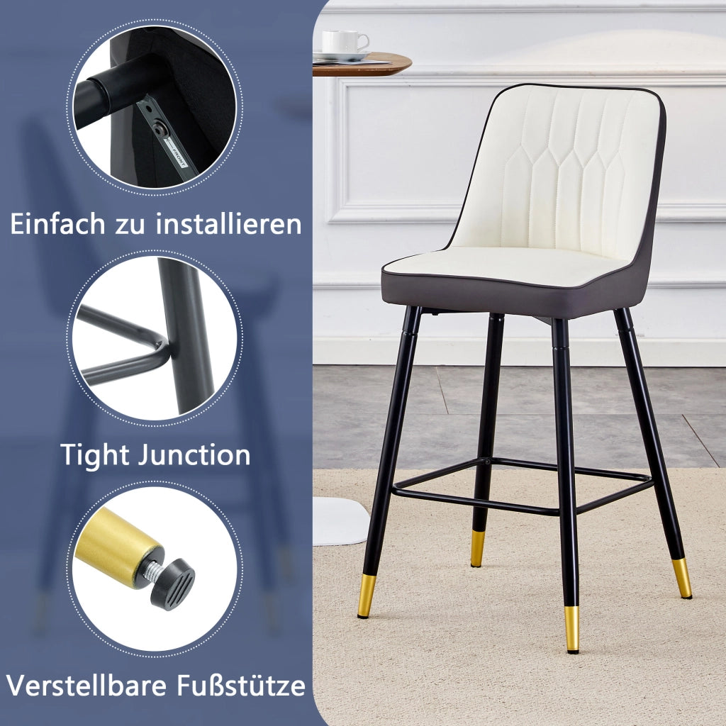 Set di 2 Sgabelli da Bar con Schienale e Poggiapiedi; Metallo e Similpelle; Grigio Scuro e Bianco