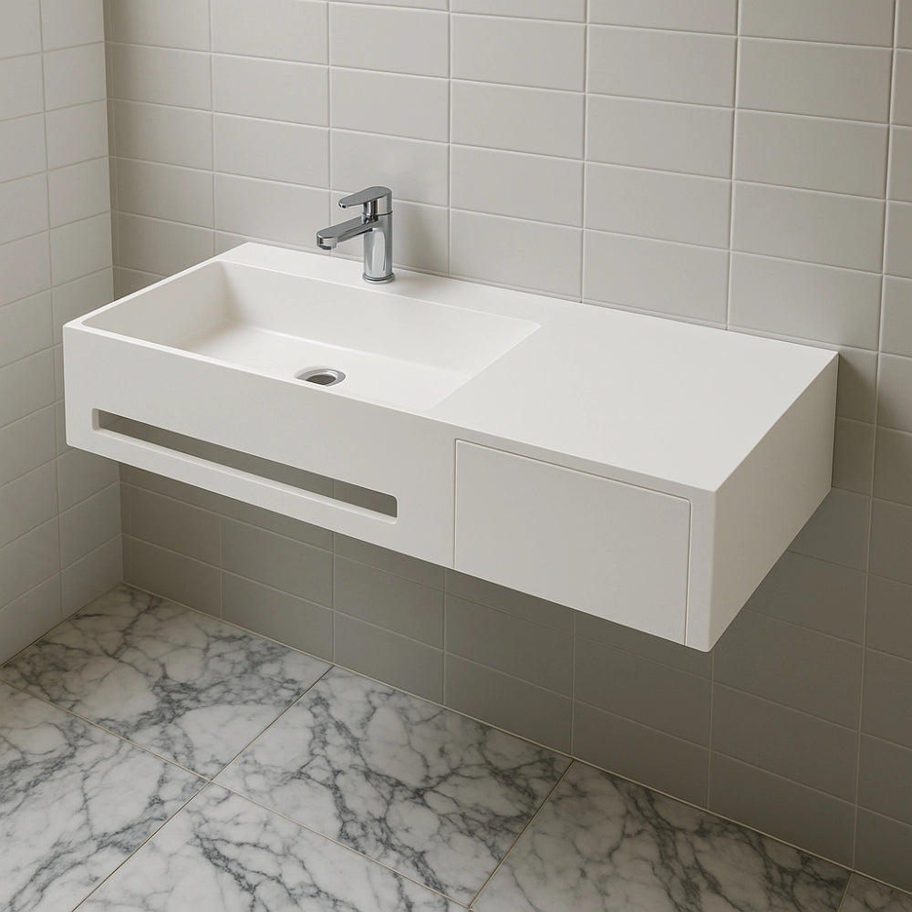 Lavabo in artificial stone bianco opaco matt modello alex sospeso con porta salviette *** confezione 1
